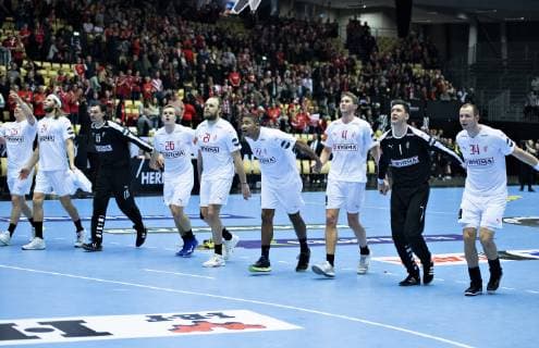 The danish players celebrate the victory in the men s IHF Handball World Championship WM Weltmeisterschaft Group C match between Denmark and Saudi Arabia in Herning, Denmark, on Monday, Jan 14, 2019.. , Herning Jylland Denmark Copyright: HenningxBagger HenningxBaggerx COP101 spdk20190114-215012-L