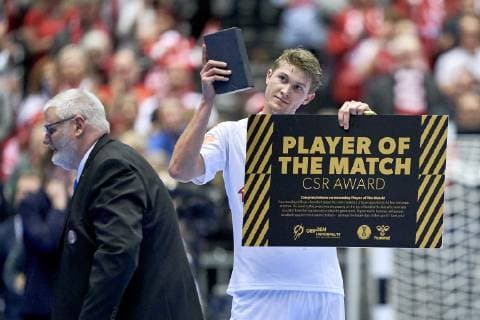 IHF Men s World Championship WM Weltmeisterschaft 2019 Group C handball match. Player of the match Magnus Landin (4) of Denmark after the men s IHF Handball World Championship Group C match 33 between Denmark and Saudi Arabia at the Jyske Bank Boxen arena in Herning Denmark on Monday January 14, 2019. Denmark 