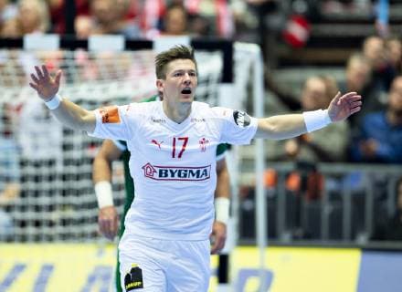 Lasse Svan of Denmark celebrates during the men s IHF Handball World Championship WM Weltmeisterschaft Group C match between Denmark and Saudi Arabia in Herning, Denmark, on Monday, Jan 14, 2019.. , Herning Jylland Denmark Copyright: HenningxBagger HenningxBaggerx COP101 spdk20190114-221756-L
