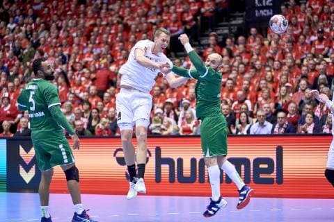 IHF Men s World Championship WM Weltmeisterschaft 2019 Group C handball match. Nikolaj Markussen (10) of Denmark and hummel band advertising during the men s IHF Handball World Championship Group C match 33 between Denmark and Saudi Arabia at the Jyske Bank Boxen arena in Herning Denmark on Monday January 14, 2019. Denmark 