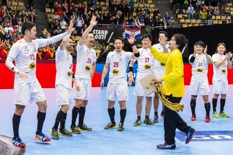 Muenchen, Deutschland 14. Januar 2019: WM 2019 Männer - Gruppe B - Spanien vs. Japan v.li. Kenya Kasahara (Japan), Remi Anri Doi (Japan), Hiroki Shida (Japan), Jin Watanabe (Japan), Ryusei Okamoto (Japan), Akihito Kai (Japan) Muenchen Olympiahalle Bayern Deutschland