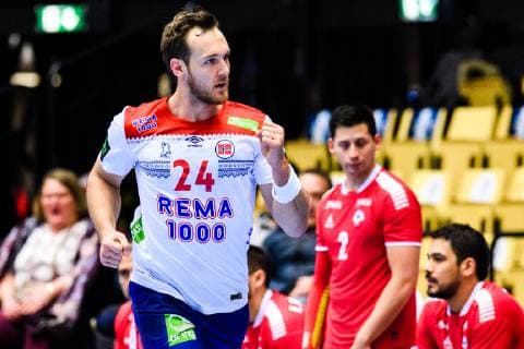 190115 Christian O Sullivan of Norway celebrates during the IHF World Handball Championship match between Norway and Chile on January 15, 2019 in Herning. Photo: Jon Olav Nesvold BILDBYRN kod JE 160402 Copyright: JONxOLAVxNESVOLD BB190115JE063