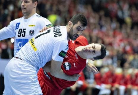Janko Bozovic of Austria against Rasmus Lauge of Denmark during the men s IHF Handball World Championship WM Weltmeisterschaft Group C match between Austria and Denmark in Herning, Denmark, on Tuesday, Jan 15, 2019.. , Herning Jylland Denmark Copyright: HenningxBagger HenningxBaggerx COP101 spdk20190115-205006-L