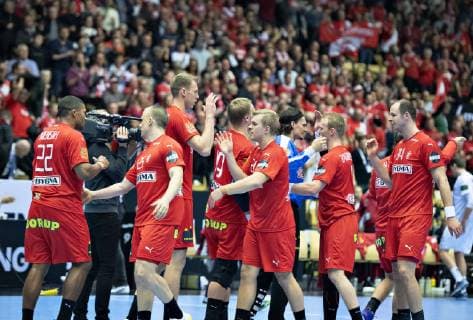 The danish players celebrate their victory in the men s IHF Handball World Championship WM Weltmeisterschaft Group C match between Austria and Denmark in Herning, Denmark, on Tuesday, Jan 15, 2019.. , Herning Jylland Denmark Copyright: HenningxBagger HenningxBaggerx COP101 spdk20190115-221903-L
