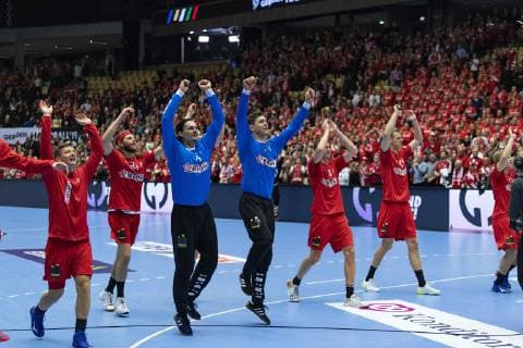 January 15, 2019 - Herning, Denmark - Danish players Lasse Swann (17), Denmark, Mikkel Hansen (24), Denmark, Jannick Green (16), Denmark, Niklas Landin (1), Denmark, Magnus Landin (4), Denmark are celebrating the win against Austria after the group C handball match between Austria and Denmark in Jyske Bank Boxen in Herning during the 2019 IHF Handball World Championship WM Weltmeisterschaft in Germany Denmark. Handball 2019: Austria-Denmark - ZUMAm173 20190115_zsp_m173_004 Copyright: xLarsxMoellerx