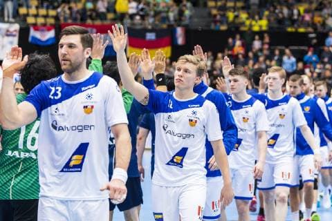 Handball WM, Japan - Island Muenchen, Deutschland 16. Januar 2019: WM 2019 Männer - Gruppe B - Japan vs. Island Olafur Gustafsson (Island), Gisli Thorgeir Kristjansson (Island) Muenchen Olympiahalle Bayern Deutschland