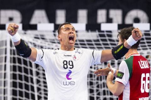 Handball WM, Ungarn - Ägypten 190116 Mohamed Shebibe of Egypt celebrates during the IHF World Handball Championship match between Hungary and Egypt on January 16, 2019 in Copenhagen. Photo: Ludvig Thunman BILDBYRN kod LT 35579 Copyright: LUDVIGxTHUNMAN BB190116LT001