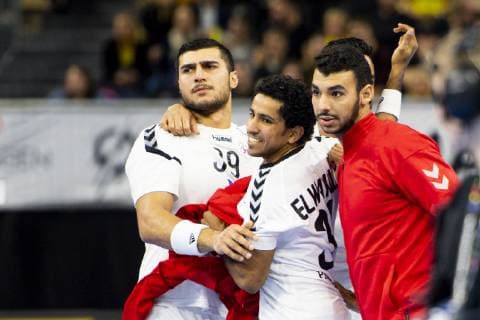 Handball WM, Ungarn - Ägypten 190116 Players of Egypt celebrates during the IHF World Handball Championship match between Hungary and Egypt on January 16, 2019 in Copenhagen. Photo: Ludvig Thunman BILDBYRN kod LT 35579 Copyright: LUDVIGxTHUNMAN BB190116LT002