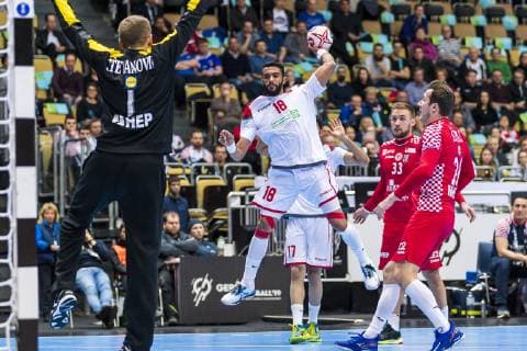 Handball WM, Kroatien - Bahrain Muenchen, Deutschland 16. Januar 2019: WM 2019 Männer - Gruppe B - Kroatien vs. Bahrain v.li. Torhueter Ivan Stevanovic (Kroatien), Ahmed Jalal (Bahrain), Luka Cindric (Kroatien), Manuel Strlek (Kroatien) Muenchen Olympiahalle Bayern Deutschland