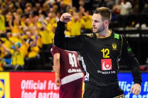 Handball WM, Katar - Schweden 190116 Goalkeeper Andreas Palicka of Sweden celebrates during the IHF World Handball Championship match between Qatar and Sweden on January 16, 2019 in Copenhagen. Photo: Ludvig Thunman BILDBYRN kod LT 35580 Copyright: LUDVIGxTHUNMAN BB190116LT064