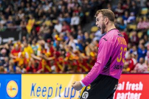 Muenchen, Deutschland 16. Januar 2019: WM 2019 Männer - Gruppe B - Mazedonien vs. Spanien Torhueter Gonzalo Perez de Vargas (Spanien) Jubel Freude Emotion Muenchen Olympiahalle Bayern Deutschland