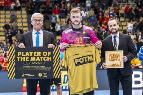 Muenchen, Deutschland 16. Januar 2019: WM 2019 Männer - Gruppe B - Mazedonien vs. Spanien Player of the Match Torhueter Gonzalo Perez de Vargas (Spanien) Muenchen Olympiahalle Bayern Deutschland