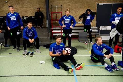 190117 Goalkeeper Torbj¿rn Bergerud, Petter ¯verby, Harald Reinkind, Magnus Fredriksen, Eivind Tangen, Kristian Bj¿rnsen and Espen Lie Hansen of Norway during a training session on January 17, 2019 in Herning. Photo: Jon Olav Nesvold BILDBYRN kod JE 160404 Copyright: JONxOLAVxNESVOLD BB190117JE015