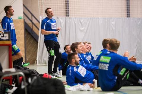 190117 Bjarte Myrhol, Christian Berge, head coach of Norway, goalkeeper Espen Christensen, Eivind Tangen, Magnus Abelvik R¿d, Henrik Jakobsen, Magnus Gullerud and goalkeeper Torbj¿rn Bergerud of Norway during a training session on January 17, 2019 in Herning. Photo: Jon Olav Nesvold BILDBYRN kod JE 160404 Copyright: JONxOLAVxNESVOLD BB190117JE045