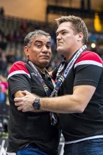 Handball WM, Bahrain - Japan Muenchen, Deutschland 17. Januar 2019: WM 2019 Männer - Gruppe B - Bahrain vs. Japan v.li. Ali Al Ansoor, Coach Aron Krist Jansson (Bahrain) Muenchen Olympiahalle Bayern Deutschland