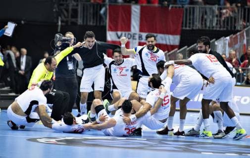 Handball WM, Österreich - Tunesien The palyers of Tunisia celebrate their victory in the men s IHF Handball World Championship WM Weltmeisterschaft Group C match between Austria and Tunisia in Herning, Denmark, Thursday, Jan. 17, 2019.. , Herning Jylland Denmark Copyright: HenningxBagger HenningxBaggerx COP108 spdk20190117-191009-L