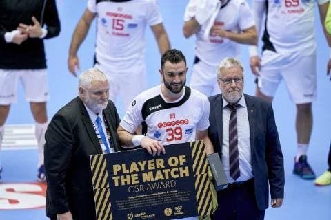 Handball WM, Österreich - Tunesien IHF Men s World Championship WM Weltmeisterschaft 2019 Group C handball match. Player of the match Mohamed Soussi (39) of Tunisia afterthe men s IHF Handball World Championship Group C match 56 between Austria and Tunisia at the Jyske Bank Boxen arena in Herning Denmark on Thursday January 14, 2019. Denmark 