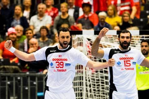Handball WM, Österreich - Tunesien 190117 Mohamed Soussi and Khaled Haj Youssef of Tunisia celebrate during the IHF World Handball Championship match between Austria and Tunisia on January 17, 2019 in Herning. Photo: Jon Olav Nesvold BILDBYRN kod JE 160405 Copyright: JONxOLAVxNESVOLD BB190117JE074