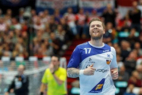 Muenchen, Deutschland, 17.01.2019, IHF Handball WM 2019, Gruppe B, Mazedonien - Island, Arnor por Gunnarsson (ISL) jubelt ( DeFodi048