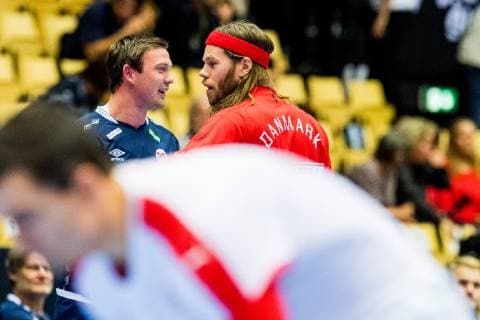 Handball WM, Dänemark - Norwegen 190117 Sander Sagosen of Norway and Mikkel Hansen of Denmark during warm-up ahead of the IHF World Handball Championship match between Denmark and Norway on January 17, 2019 in Herning. Photo: Jon Olav Nesvold BILDBYRAN kod JE 160406 Copyright: JONxOLAVxNESVOLD BB190117JE096
