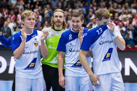 Muenchen, Deutschland 17. Januar 2019: WM 2019 Männer - Gruppe B - Mazedonien vs. Island v.li. Gisli Thorgeir Kristjansson (Island), Torhueter Bjoergvin Gustavsson (Island), Bjarki Elisson (Island), Olafur Gudmundsson (Island) Muenchen Olympiahalle Bayern Deutschland
