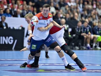 Handball WM, Dänemark - Norwegen Sander Sagosen of Norway against Rene Toft Hansen of Denmark during the men s IHF Handball World Championship WM Weltmeisterschaft Group C match between Denmark and Norway in Herning, Denmark, Thursday, Jan. 17, 2019.. , Herning Jylland Denmark Copyright: HenningxBagger HenningxBaggerx COP101 spdk20190117-202237-L