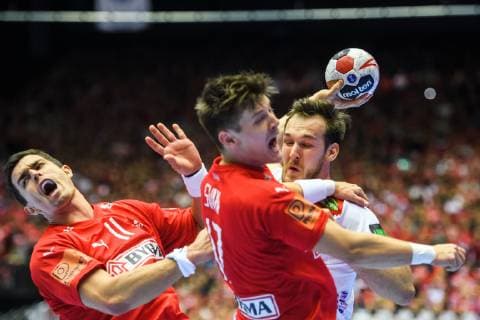 190117 Rasmus Lauge of Denmark and Christian O Sullivan of Norway during the IHF World Handball Championship match between Denmark and Norway on January 17, 2019 in Herning. Photo: Jon Olav Nesvold BILDBYRN kod JE 160406 Copyright: JONxOLAVxNESVOLD BB190117JE119