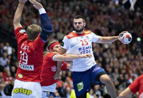 Eivind Tangen of Norway against Mikkel Hansen of Denmark during the men s IHF Handball World Championship WM Weltmeisterschaft Group C match between Denmark and Norway in Herning, Denmark, Thursday, Jan. 17, 2019.. , Herning Jylland Denmark Copyright: HenningxBagger HenningxBaggerx COP101 spdk20190117-203914-L