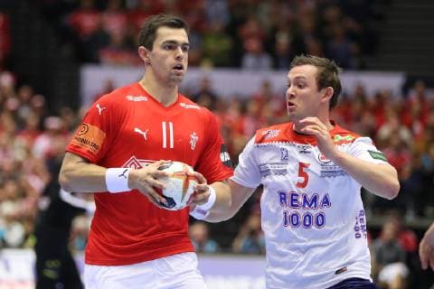 26th Mens Handball World Championship WM Weltmeisterschaft Daenemark vs Norwegen, 17.01.19 Rasmus Lauge (Daenemark, 11) gegen Sander Sagosen (Norwegen, 05)