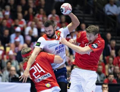 Eivind Tangen of Norway against Magnus Landin of Denmark during the men s IHF Handball World Championship WM Weltmeisterschaft Group C match between Denmark and Norway in Herning, Denmark, Thursday, Jan. 17, 2019.. , Herning Jylland Denmark Copyright: HenningxBagger HenningxBaggerx COP101 spdk20190117-210603-L