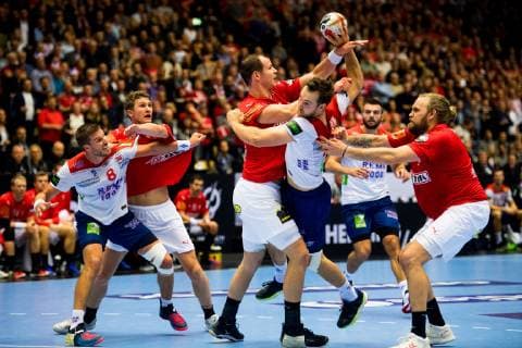 190117 Bjarte Myrhol of Norway, Simon Hald of Denmark, Christian O Sullivan of Norway and Henrik M¿llgaard of Denmark during the IHF World Handball Championship match between Denmark and Norway on January 17, 2019 in Herning. Photo: Jon Olav Nesvold BILDBYRN kod JE 160406 Copyright: JONxOLAVxNESVOLD BB190117JE131