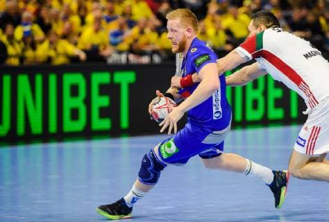 190117 Jim Gottfridsson of Sweden and Timuzsin Schuch of Hungary during the IHF World Handball Championship match between Sweden and Hungary on January 17, 2019 in Copenhagen. Photo: Ludvig Thunman BILDBYRN kod LT 35581 Copyright: LUDVIGxTHUNMAN BB190117LT016
