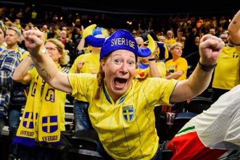 Handball WM, Schweden - Ungarn 190117 A supporter of Sweden celebrates after the IHF World Handball Championship match between Sweden and Hungary on January 17, 2019 in Copenhagen. Photo: Ludvig Thunman BILDBYRN kod LT 35581 Copyright: LUDVIGxTHUNMAN BB190117LT052