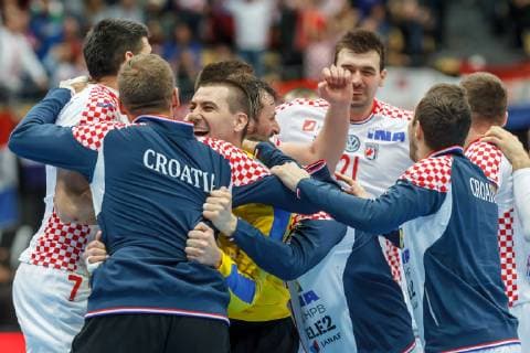 Muenchen, Deutschland, 17.01.2019, IHF Handball WM 2019, Gruppe B, Spanien - Kroatien, Kroatien schlussjubel ( DeFodi048