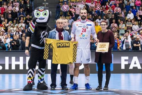 Muenchen, Deutschland 17. Januar 2019: WM 2019 Männer - Gruppe B - Spanien vs. Kroatien Player of the Match Zeljko Musa (Kroatien Fuechse Berlin) Muenchen Olympiahalle Bayern Deutschland