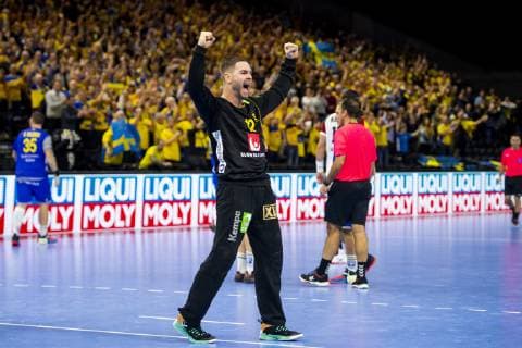 Handball WM, Schweden - Ungarn 190117 Goalkeeper Andreas Palicka of Sweden celebrates during the IHF World Handball Championship match between Sweden and Hungary on January 17, 2019 in Copenhagen. Photo: Ludvig Thunman BILDBYRN kod LT 35581 Copyright: LUDVIGxTHUNMAN BB190117LT060