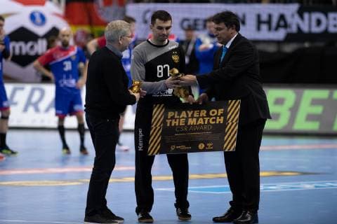 Handball-WM Frankreich - Russland am 17.01.2019 in der Mercedes-Benz Arena in Berlin Man Player of the Match Victor KIREEV ( Russland )