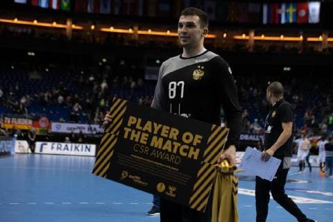Handball-WM Frankreich - Russland am 17.01.2019 in der Mercedes-Benz Arena in Berlin Man Player of the Match Victor KIREEV ( Russland )