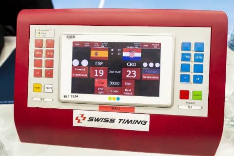 Muenchen, Deutschland 17. Januar 2019: WM 2019 Männer - Gruppe B - Spanien vs. Kroatien Swiss Timing Zeitmessung Muenchen Olympiahalle Bayern Deutschland