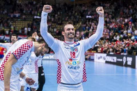 Muenchen, Deutschland 17. Januar 2019: WM 2019 Männer - Gruppe B - Spanien vs. Kroatien Igor Karacic (Kroatien) Jubel Freude Emotion Torjubel Torschuetze Torschütze Muenchen Olympiahalle Bayern Deutschland