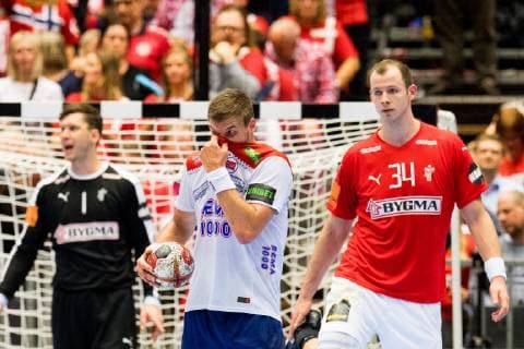 190117 Goalkeeper Niklas Landin of Denmark, Bjarte Myrhol of Norway and Simon Hald of Denmark during the IHF World Handball Championship match between Denmark and Norway on January 17, 2019 in Herning. Photo: Jon Olav Nesvold BILDBYRN kod JE 160406 Copyright: JONxOLAVxNESVOLD BB190117JE215