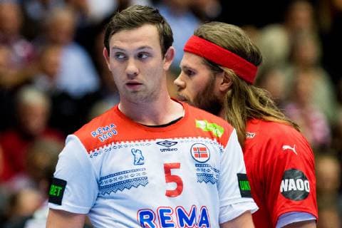 190117 Sander Sagosen of Norway and Mikkel Hansen of Denmark during the IHF World Handball Championship match between Denmark and Norway on January 17, 2019 in Herning. Photo: Jon Olav Nesvold BILDBYRN kod JE 160406 Copyright: JONxOLAVxNESVOLD BB190117JE227