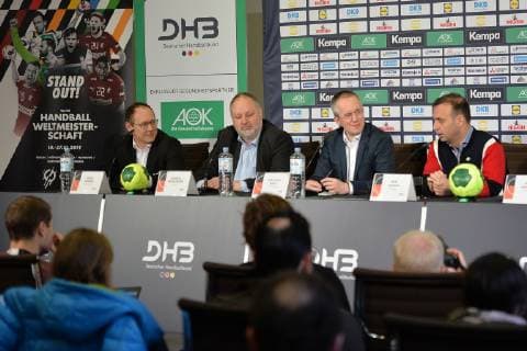 Handball, Herren, Weltmeisterschaft 2019 in Deutschland und Dänemark, DHB-Pressekonferenz, DHB-Vorstandsvorsitzender Mark Schober, DHB-Präsident Andreas Michelmann, DHB-Pressesprecher Tim Oliver Kalle, DHB-Vizepräsident Bob Hanning, 18.01.19, Copyright: xMichaelxHundtx xMatthiasxKochx