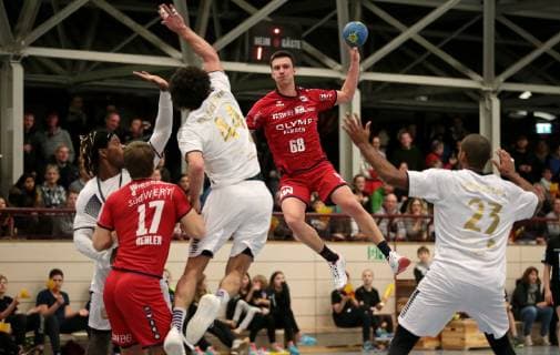 Deutschland, Korntal, Handball Rixespiel SG BBM Bietigheim vs. Selestat Alsace Handball: mitte Max Emanuel (BBM)