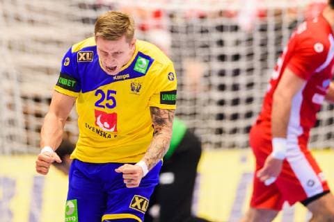 190119 Linus Arnesson of Sweden celebrates during the IHF World Handball Championship match between Tunisia and Sweden on January 19, 2019 in Herning. Photo: Petter Arvidson BILDBYRN kod PA 92204 Copyright: PETTERxARVIDSON BB190119PA040