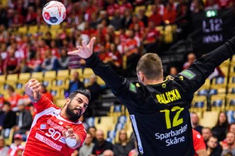 190119 Marouan Chouiref of Tunisia and goalkeeper Andreas Palicka of Sweden during the IHF World Handball Championship match between Tunisia and Sweden on January 19, 2019 in Herning. Photo: Petter Arvidson BILDBYRN kod PA 92204 Copyright: PETTERxARVIDSON BB190119PA045
