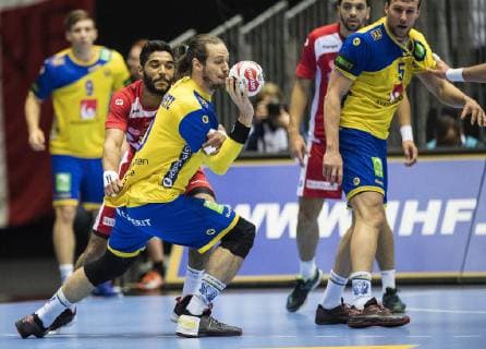 Oussama Hosni(Tunesia 13) of Tunesia, agains in front Kim Ekdak du Rietz (Sweden 5) of Sweden during the men s IHF Handball World Championship WM Weltmeisterschaft Main Round Group 2 match in Herning, Denmark, on saturday, Jan. 19, 2019.. , Herning DK Copyright: ClausxFisker ClausxFiskerx cop101 spdk20190119-181621-L
