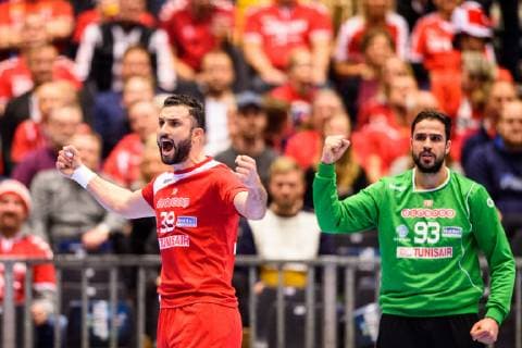 190119 Mohamed Soussi of Tunisia celebrates during the IHF World Handball Championship match between Tunisia and Sweden on January 19, 2019 in Herning. Photo: Petter Arvidson BILDBYRAN kod PA 92204 Copyright: PETTERxARVIDSON BB190119PA058