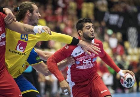 Anouar Ben Abdallah(Tunesia 96) of Tunesia right, aginst Kim Ekdak du Rietz (Sweden 5) left during the men s IHF Handball World Championship WM Weltmeisterschaft Main Round Group 2 match in Herning, Denmark, on saturday, Jan. 19, 2019.. , Herning DK Copyright: ClausxFisker ClausxFiskerx cop101 spdk20190119-184445-L