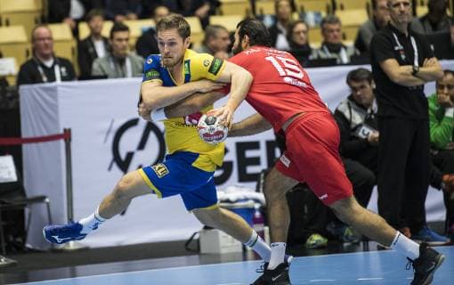 Albin Lagergren (Sweden 23) left of Sweden agains Khaled Haj Youssef(Tunesia 15) right during the men s IHF Handball World Championship WM Weltmeisterschaft Main Round Group 2 match in Herning, Denmark, on saturday, Jan. 19, 2019.. , Herning DK Copyright: ClausxFisker ClausxFiskerx cop101 spdk20190119-192206-L